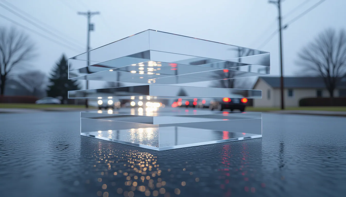 Shallow depth of field captures stacked translucent acrylic sheets suspended at an angle above a wet