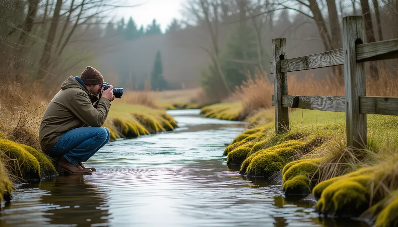 A photographer crouched on a mossy riverbank, capturing the way a slow-moving creek curves around a