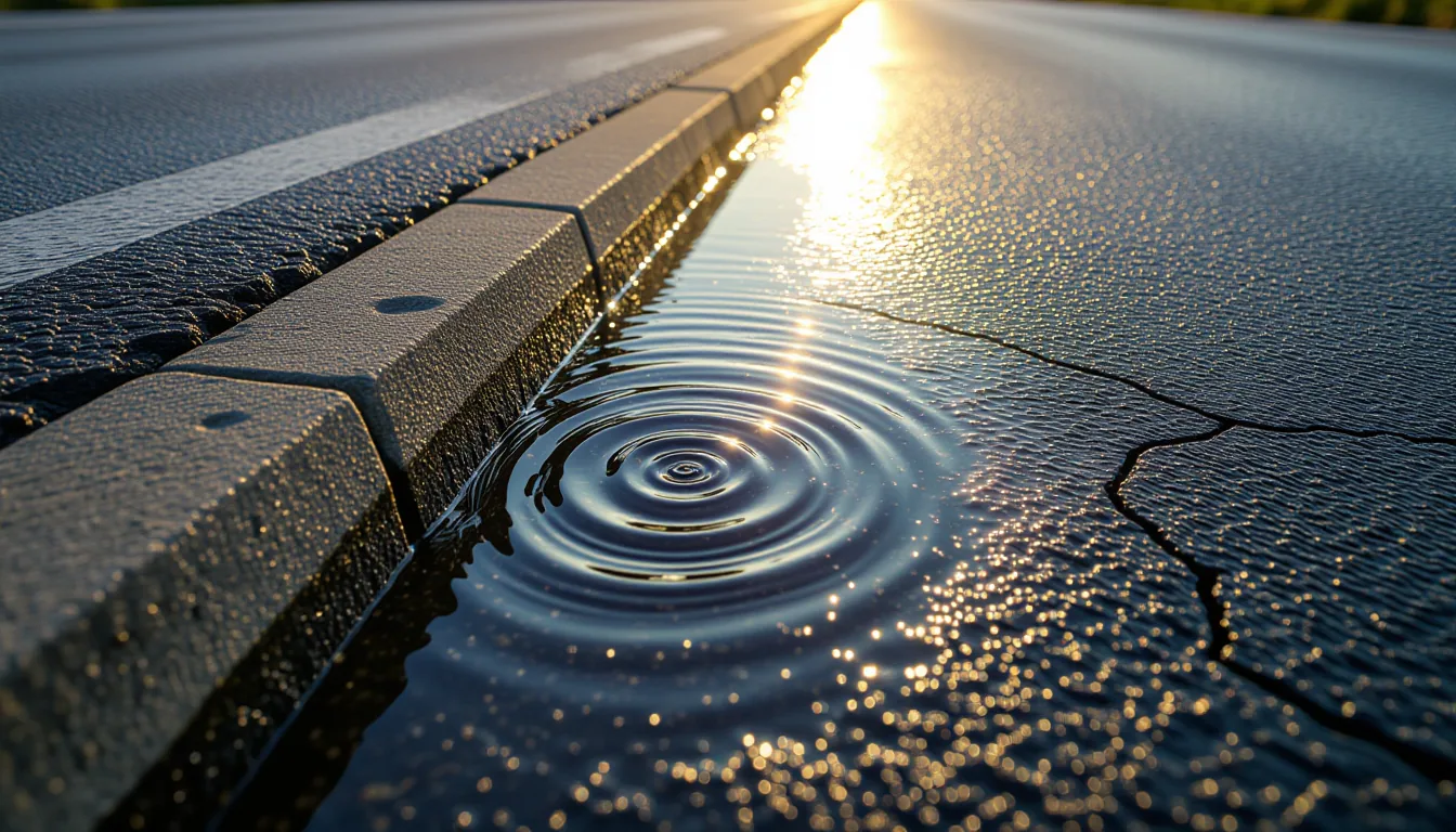Aerial view at high noon: a concrete drainage channel beside a cracked asphalt road, where rainwater