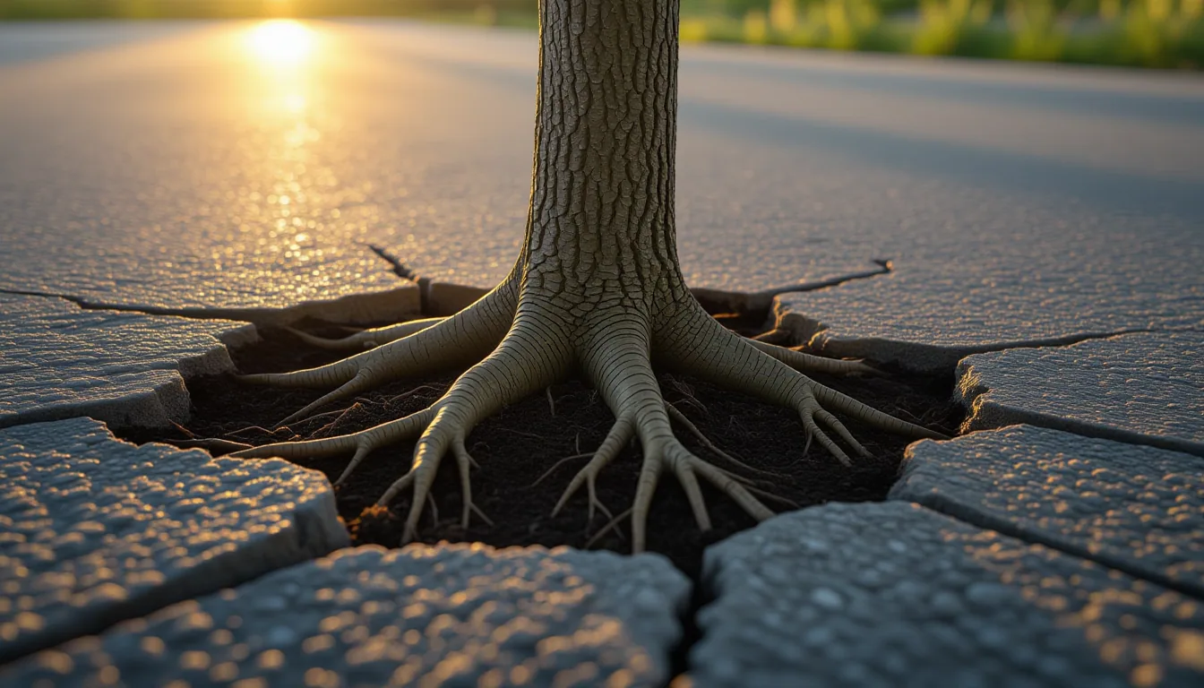 A single oak root cracking through cracked concrete into dark soil, golden-hour side-light casting l