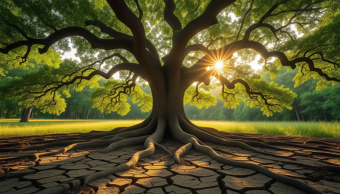 A gnarled oak’s thick root system erupts from cracked, dry earth, its sprawling branches forming a d