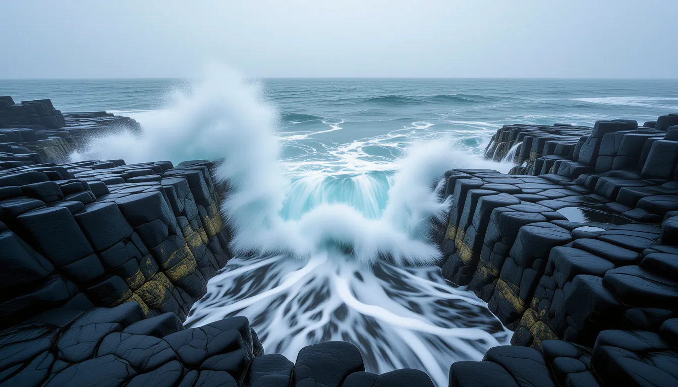 Misty dawn on a jagged basalt coast; a single white wave breaks against black rock, creating froth t