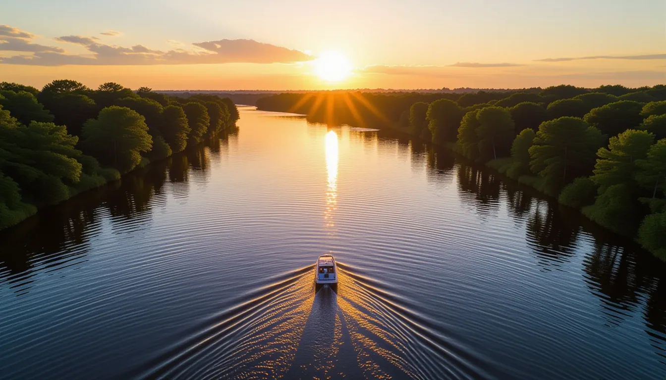 Aerial drone shot tracking a slow-moving river in Greenville at golden hour, where sunlight catches