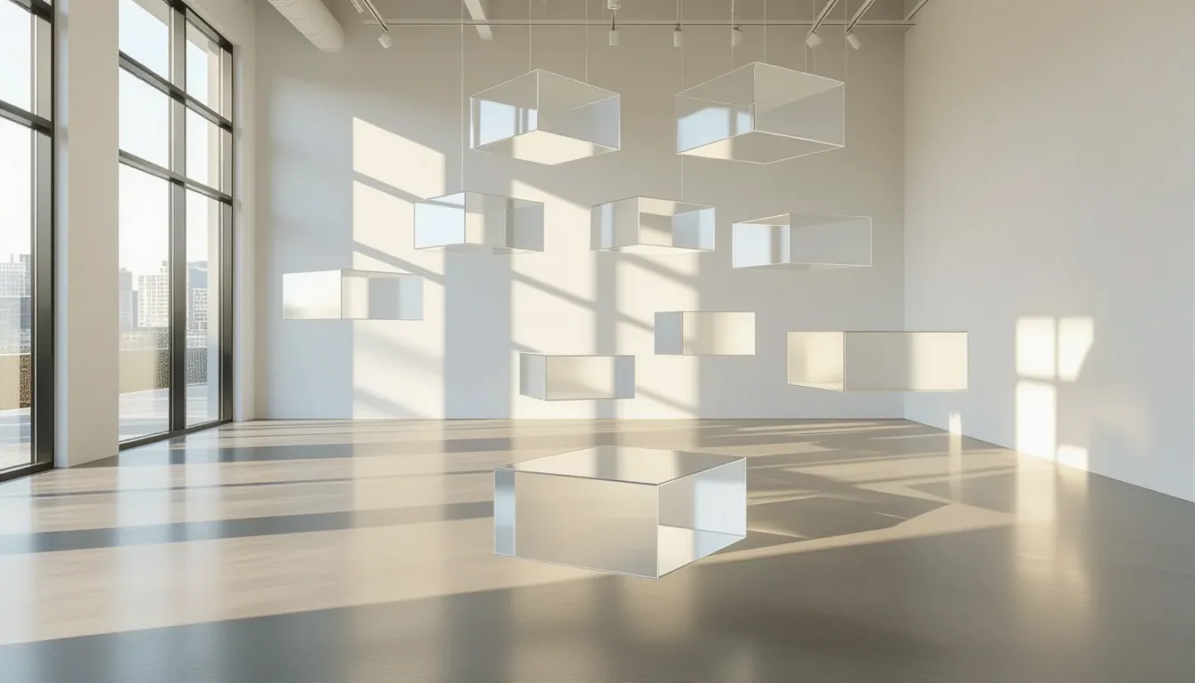 Floating hexagonal platforms of frosted acrylic drift in a sunlit gallery, their translucent layers