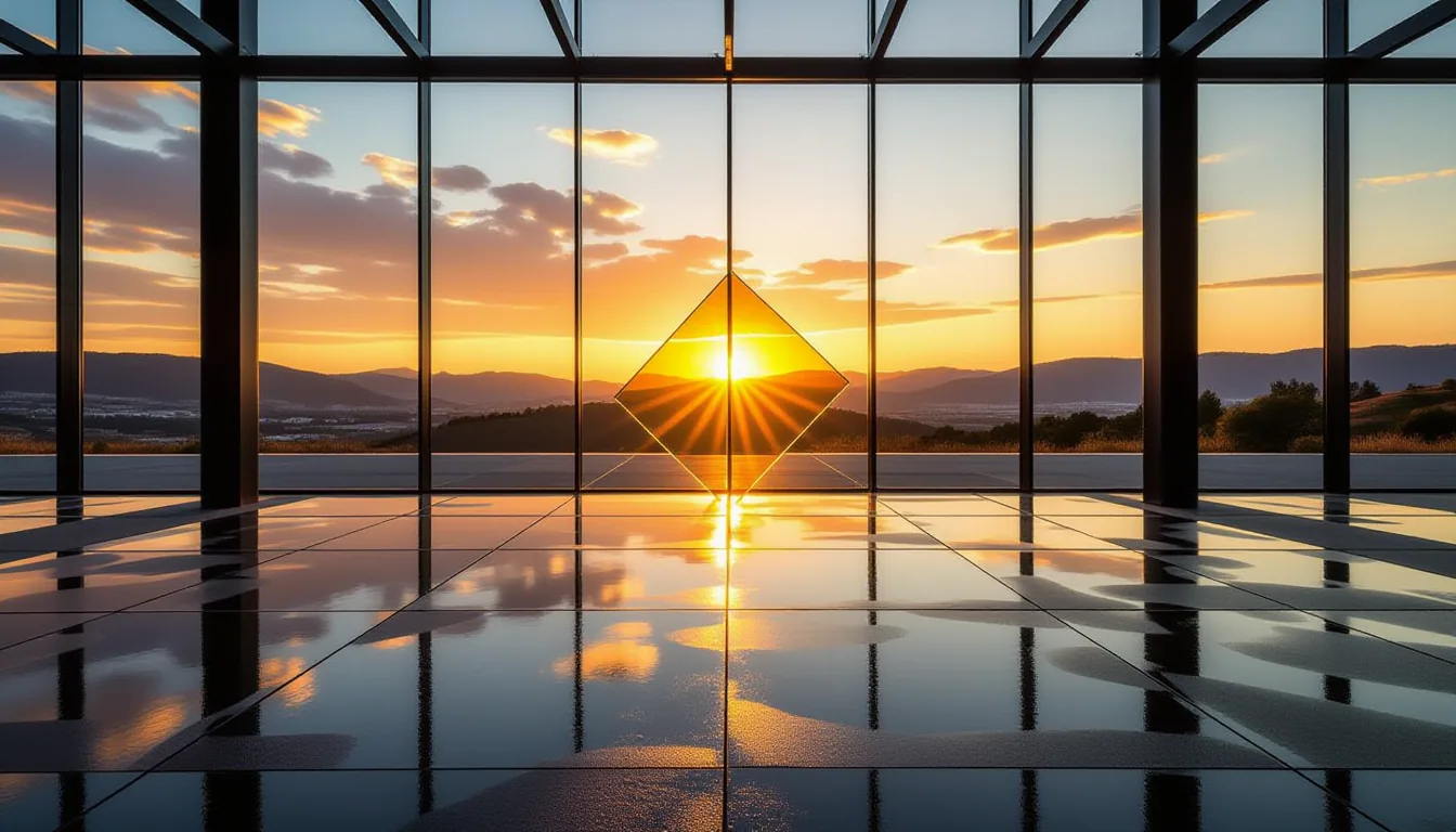 Sunset through a glass atrium fractures into tessellated amber polygons across wet concrete; a singl