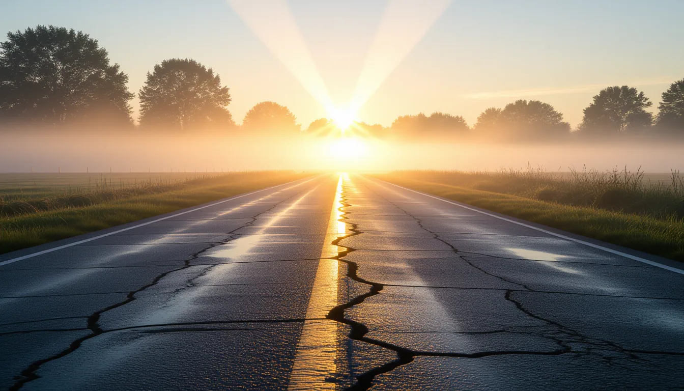 Morning fog clings to a cracked asphalt road at dawn; a single sunbeam pierces the mist like a fract