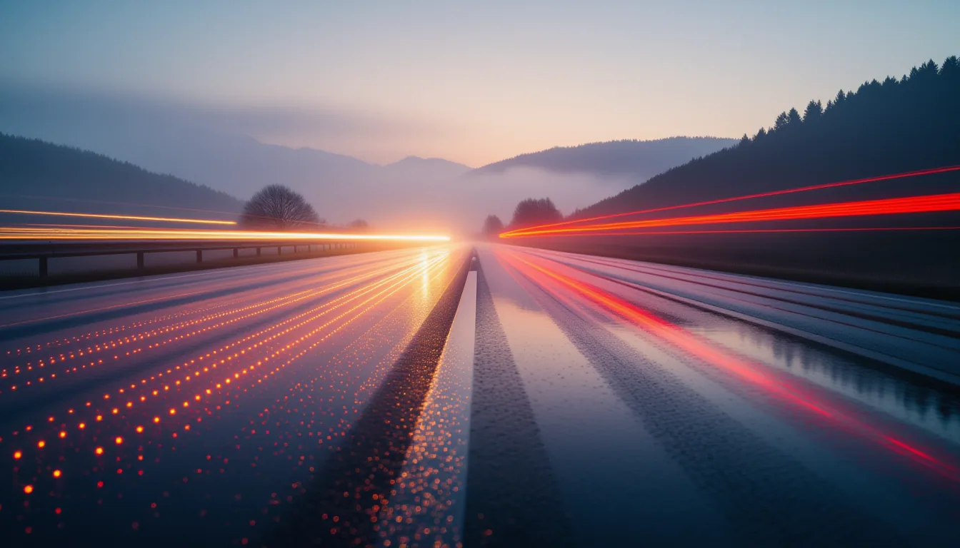 Long-exposure shot of wet asphalt reflecting streaks of emergency amber and red light through heavy