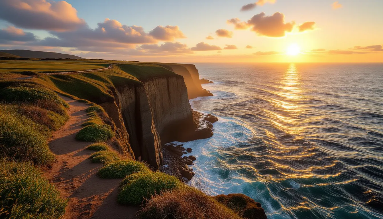A narrow coastal trail clings to the bluffs above the Atlantic at golden hour; low, warm sunlight cu