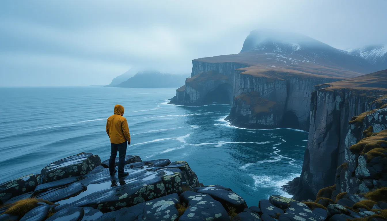 A lone figure in a worn windbreaker stands on a jagged basalt outcrop overlooking a storm-churning f