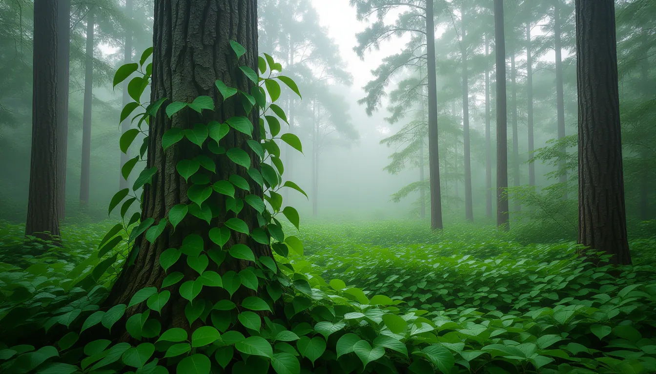Morning mist clings to a tangle of kudzu vines choking an old oak trunk in a Georgia pines forest; s