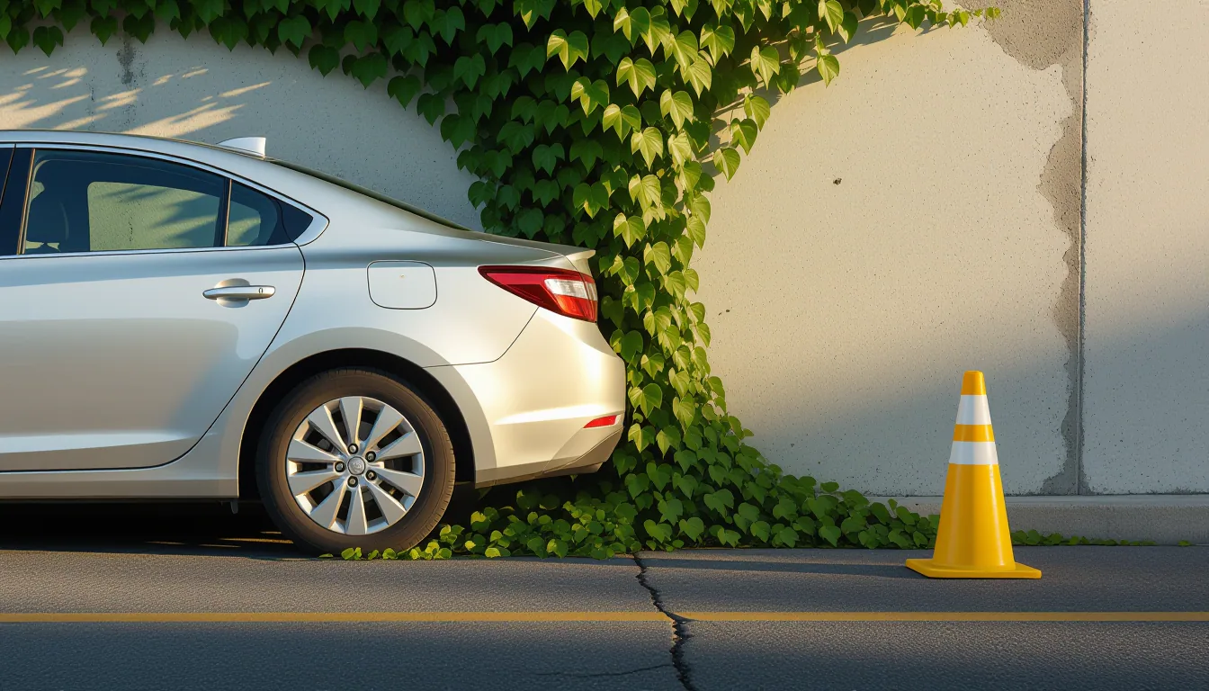 A silver sedan rests dented against a concrete median barrier; from the base, ivy tendrils climb the