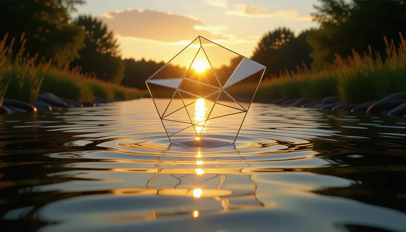 A wide shot captures a suspended glass tessellation over a river at golden hour; layered translucent