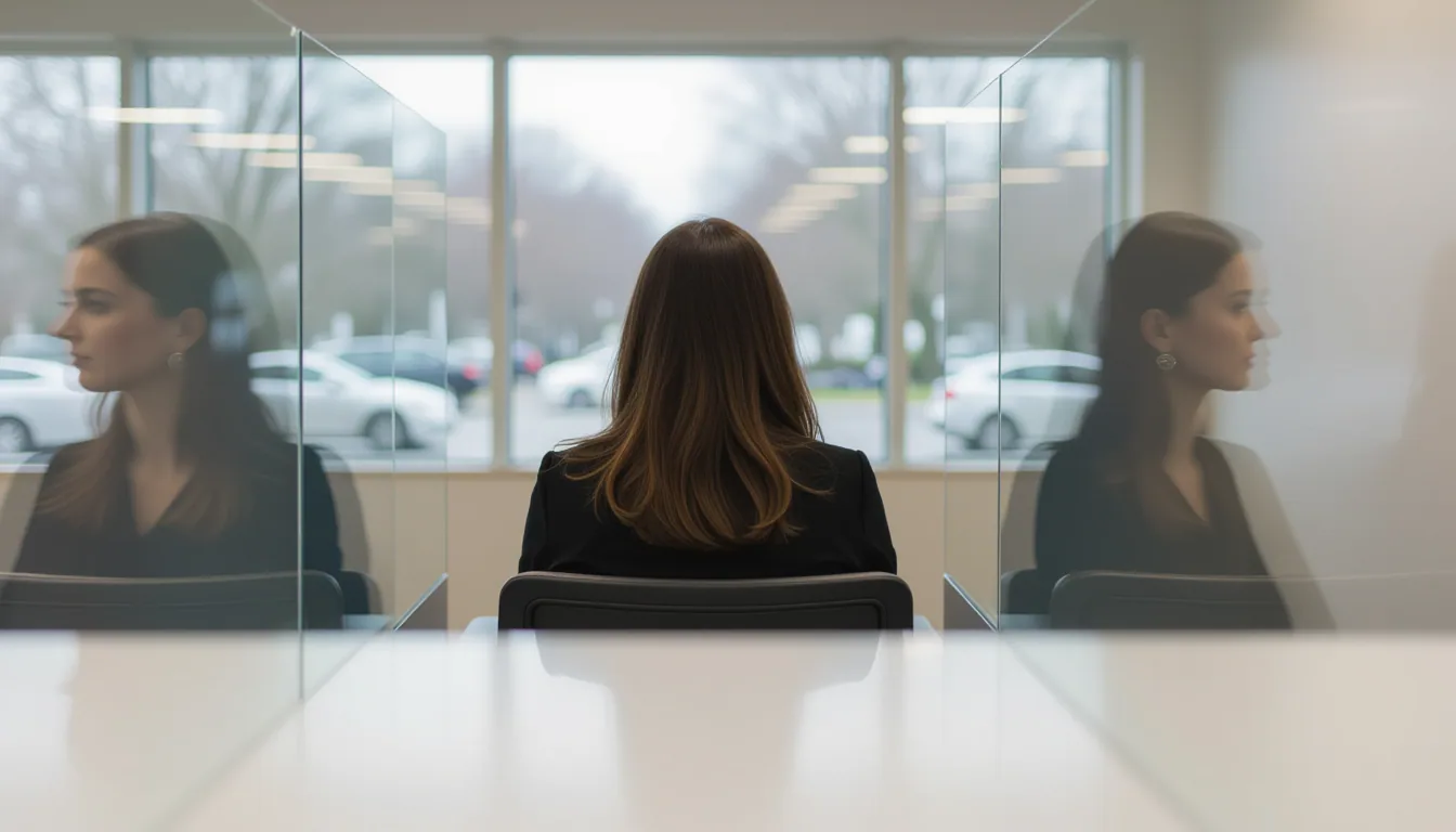 Shallow depth of field captures a woman’s blurred shoulders in an overcast waiting room, while trans
