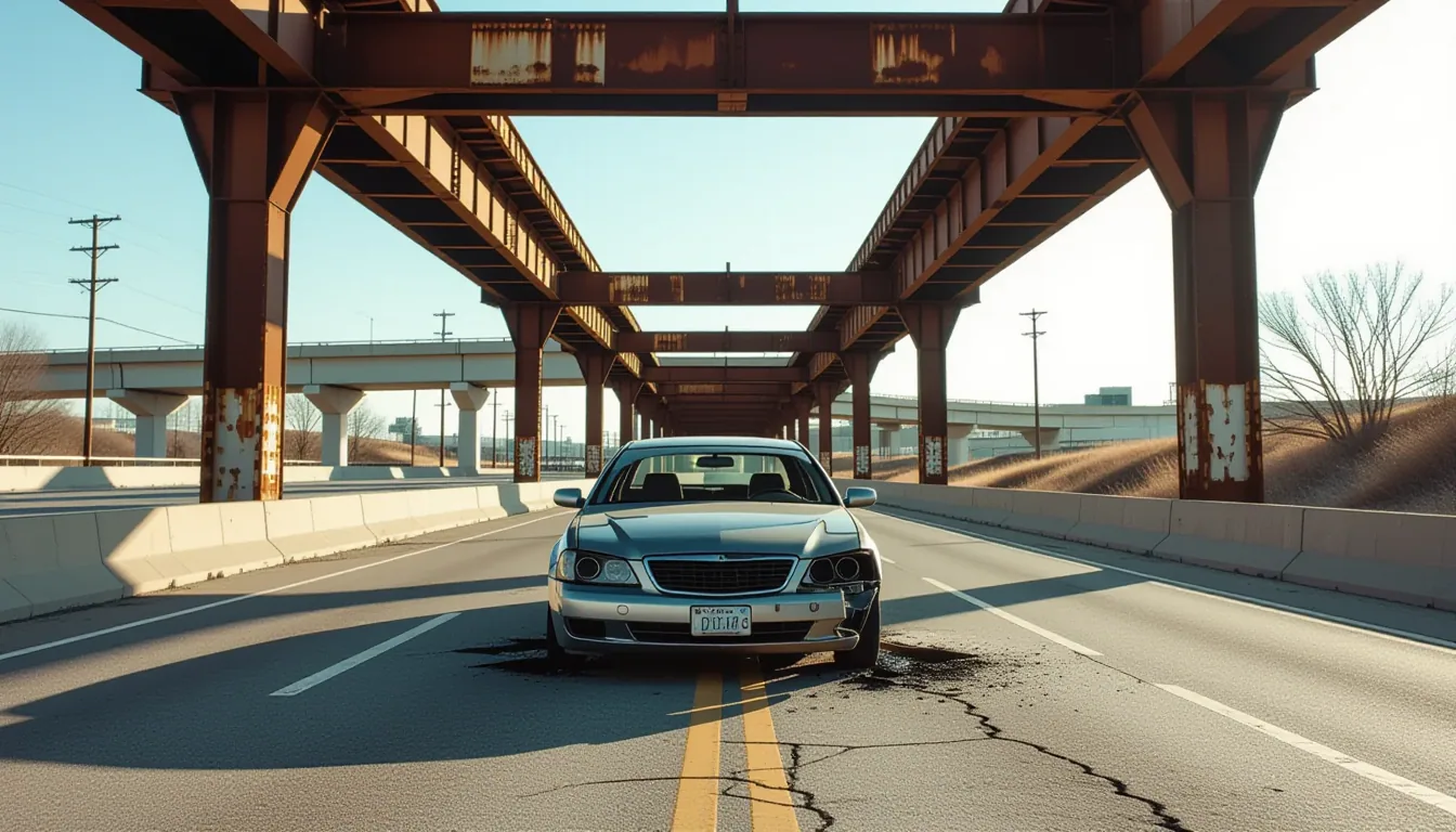 Rusted steel girders of a highway overpass frame the crushed sedan on the shoulder, shot from ground