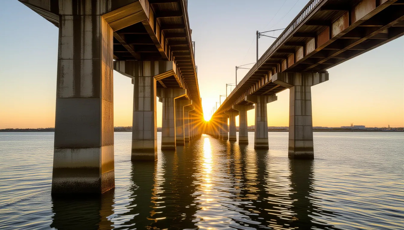 Golden hour light slants through the stone arches of the Charleston Bridge, casting long geometric s