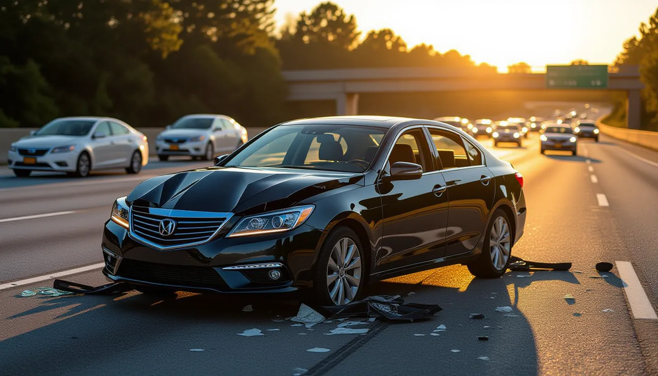Golden-hour sun slices through the twisted rebar and shattered glass of a mangled sedan on I-85’s sh