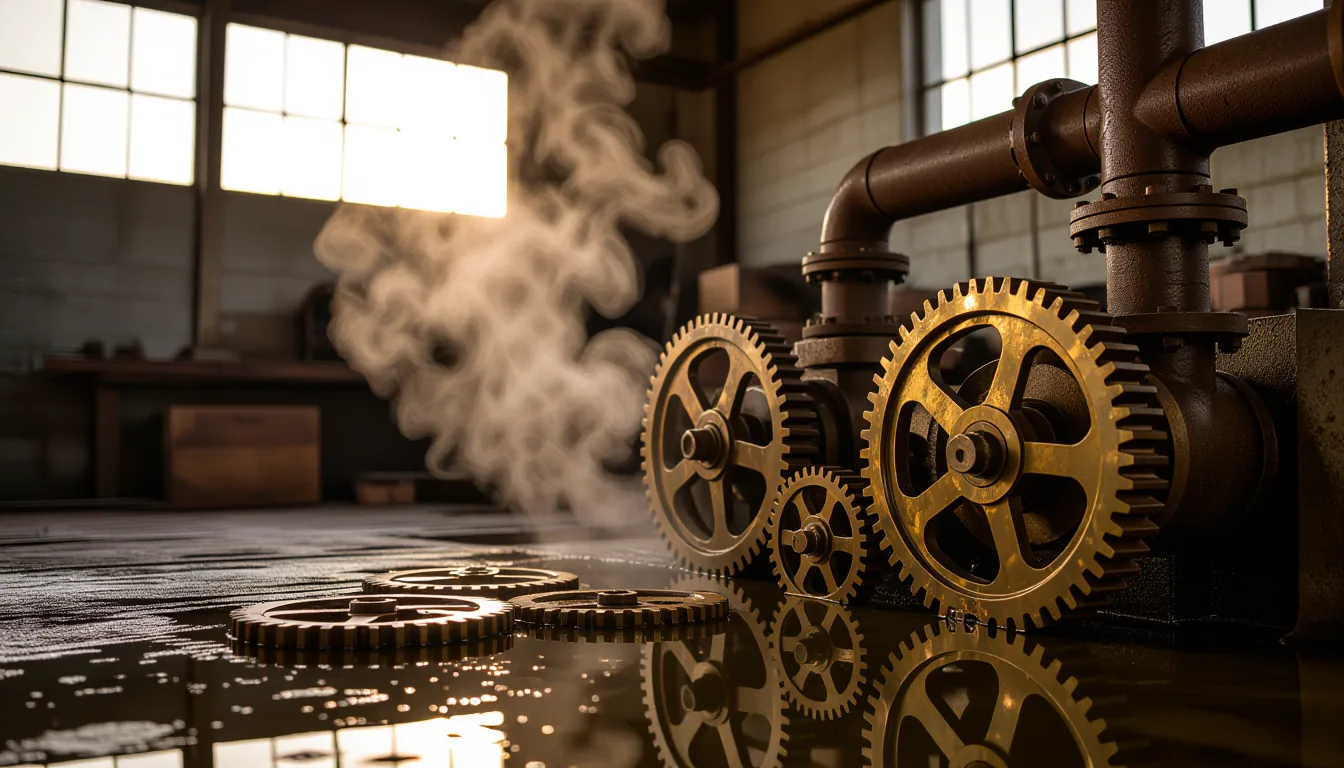 A weathered mechanic's workshop at golden hour: interlocking brass gears half-submerged in oil, a st