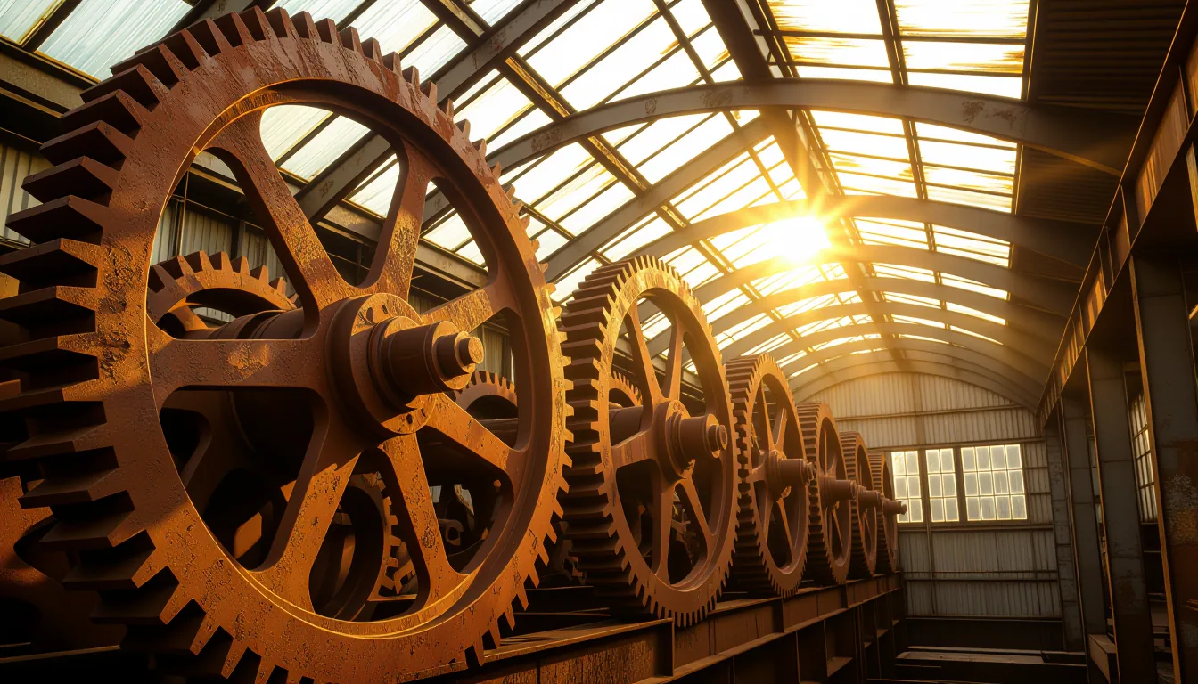 Sunlight pierces through a glass roof onto rusted steel gears turning in slow motion, their teeth ca