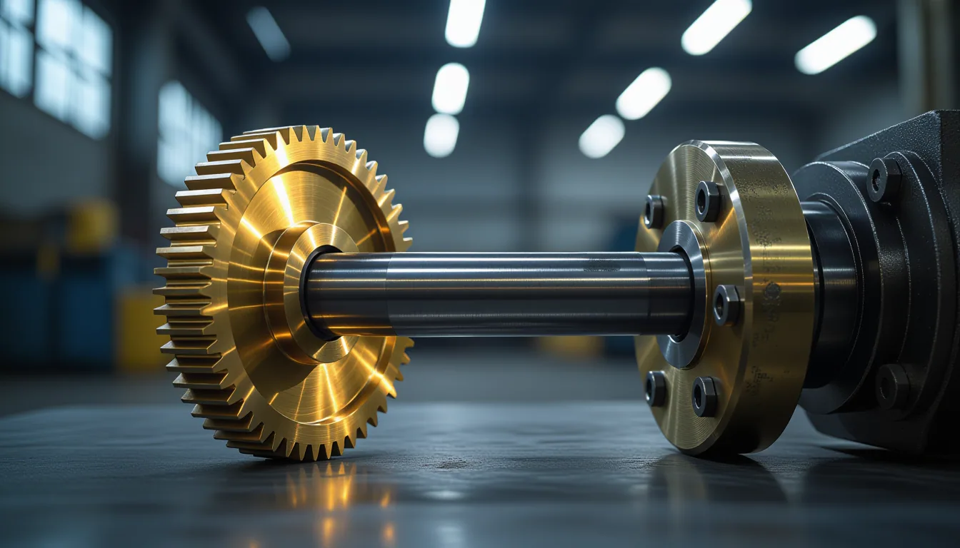 A single brass gear spins on an exposed steel shaft in a dim, dust-mote-filled workshop, captured wi