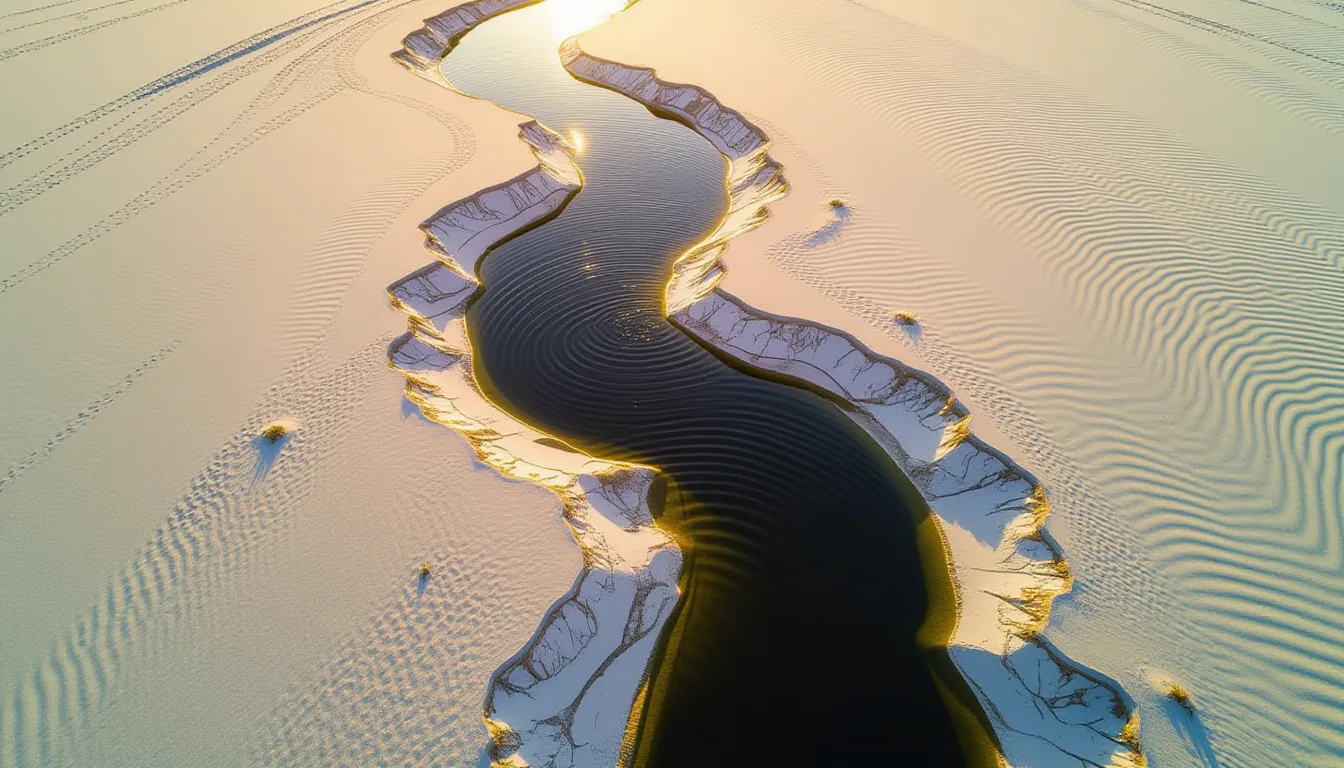 Aerial shot of a dark river carving a hidden undercurrent through pale sediment; golden-hour side-li