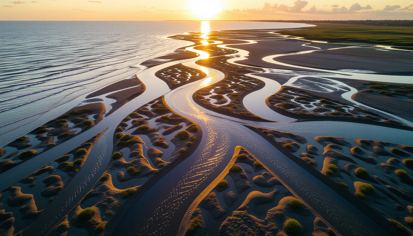 Golden hour light strikes a tidal estuary from above, where muddy river channels braid into the sea