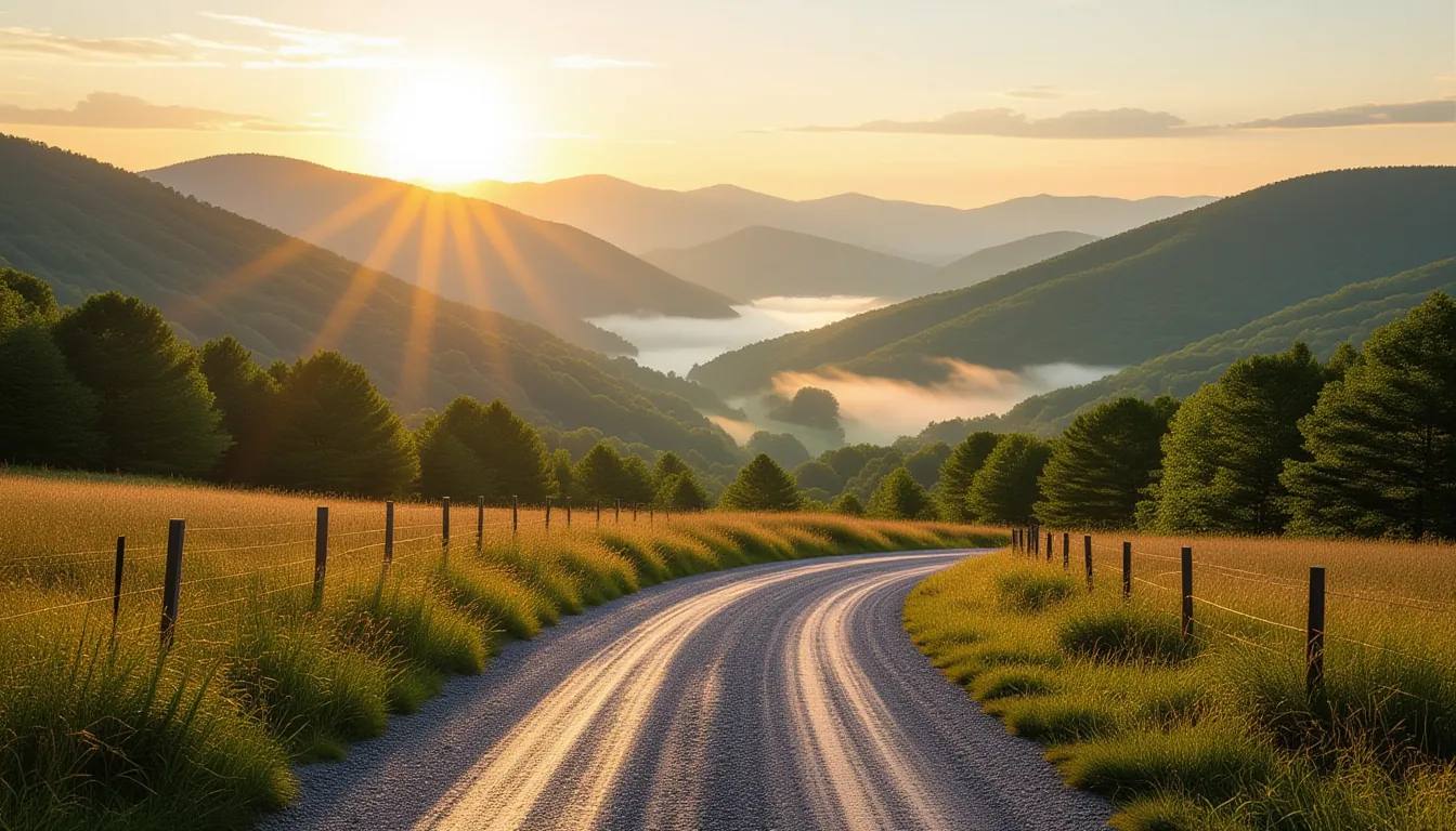 Golden hour light washes over the rugged Appalachian foothills near Greenville, long shadows stretch