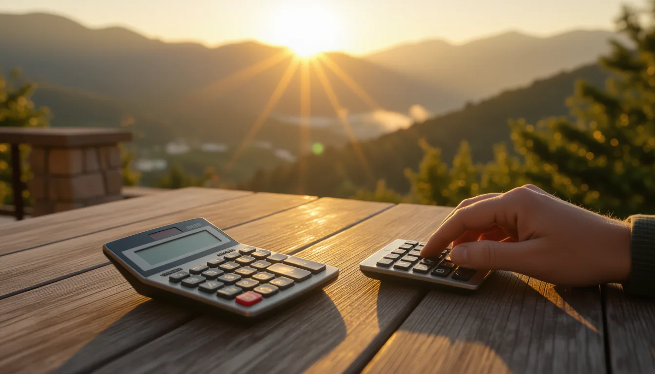 Shallow depth of field captures a weathered wooden desk on a stone patio at golden hour, with the ph
