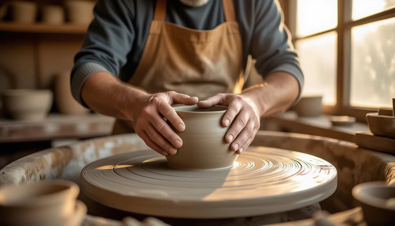 Golden hour backlighting through a dusty workshop window, a potter’s calloused hands rolling and pre