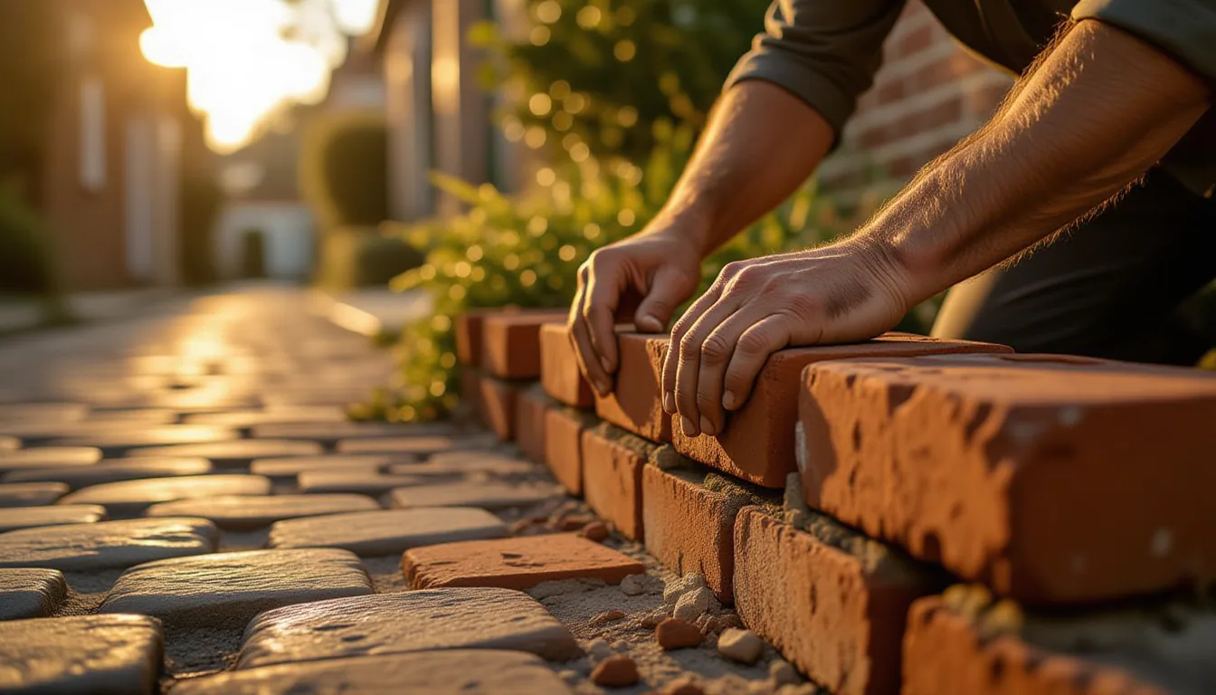 Golden hour light washes over calloused, dirt-streaked hands carefully aligning cracked red bricks t