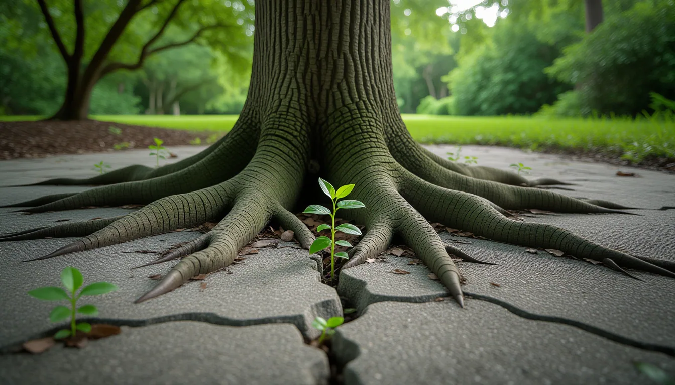 Overcast diffused light reveals gnarled oak roots breaking through cracked concrete in an abandoned