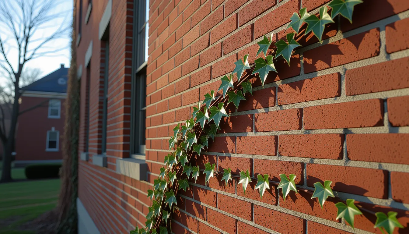 Frost-hardened ivy slowly strangles the crumbling brick wall of an old courthouse in late afternoon