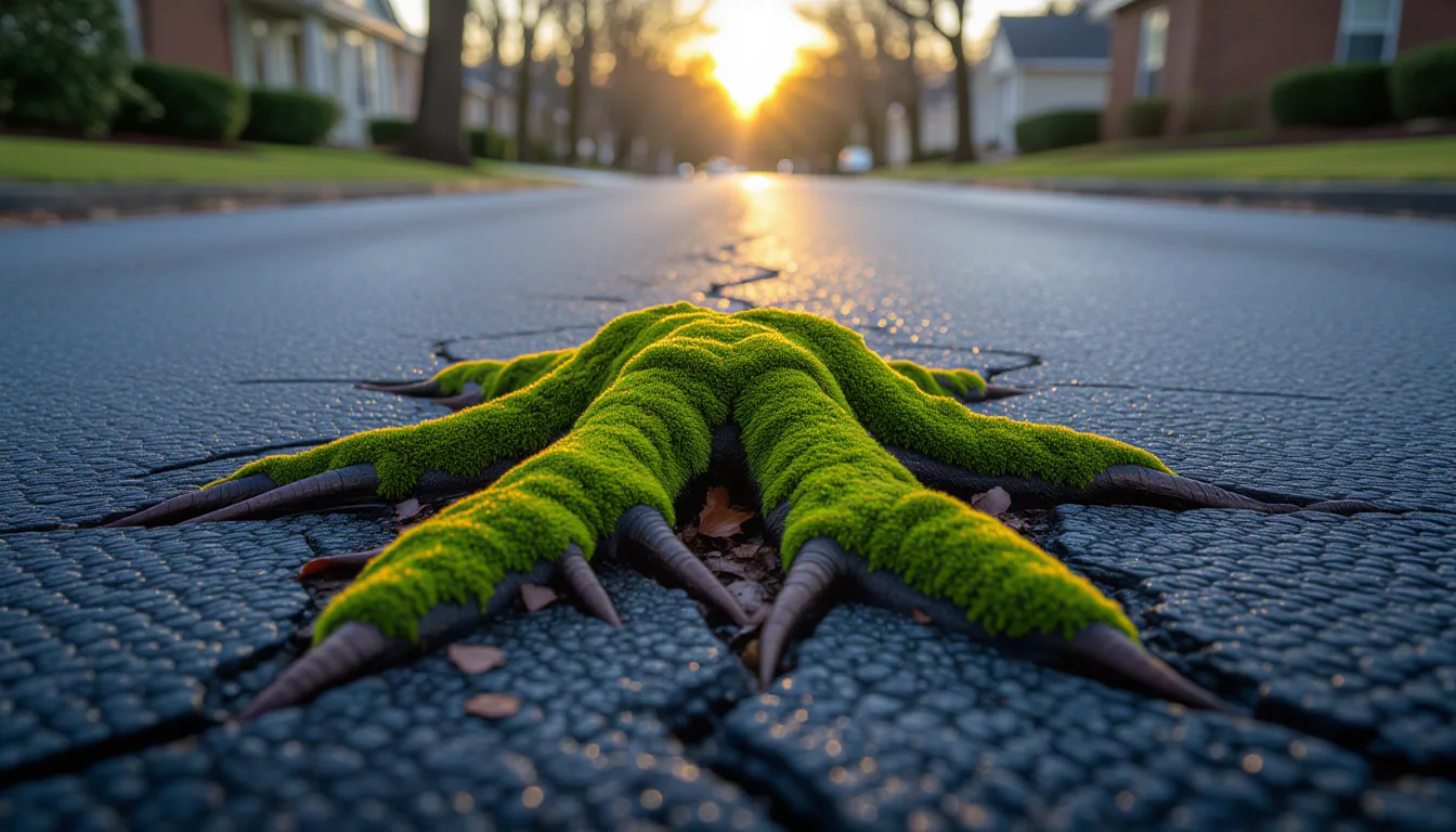 Moss-covered oak roots splitting through cracked asphalt on a wet Mauldin street, shallow depth of f