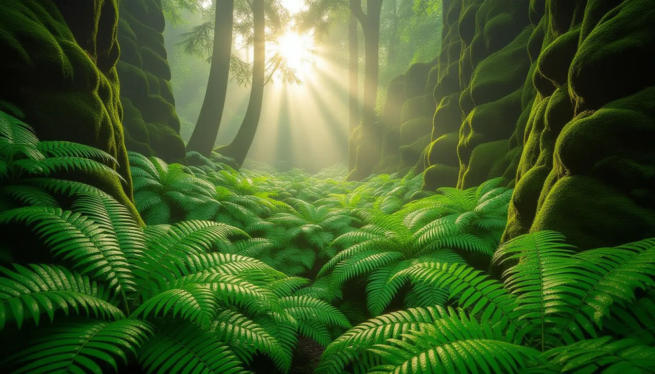 Dawn mist curls through dense fern fronds clinging to moss-choked stone, backlit by low sun cutting