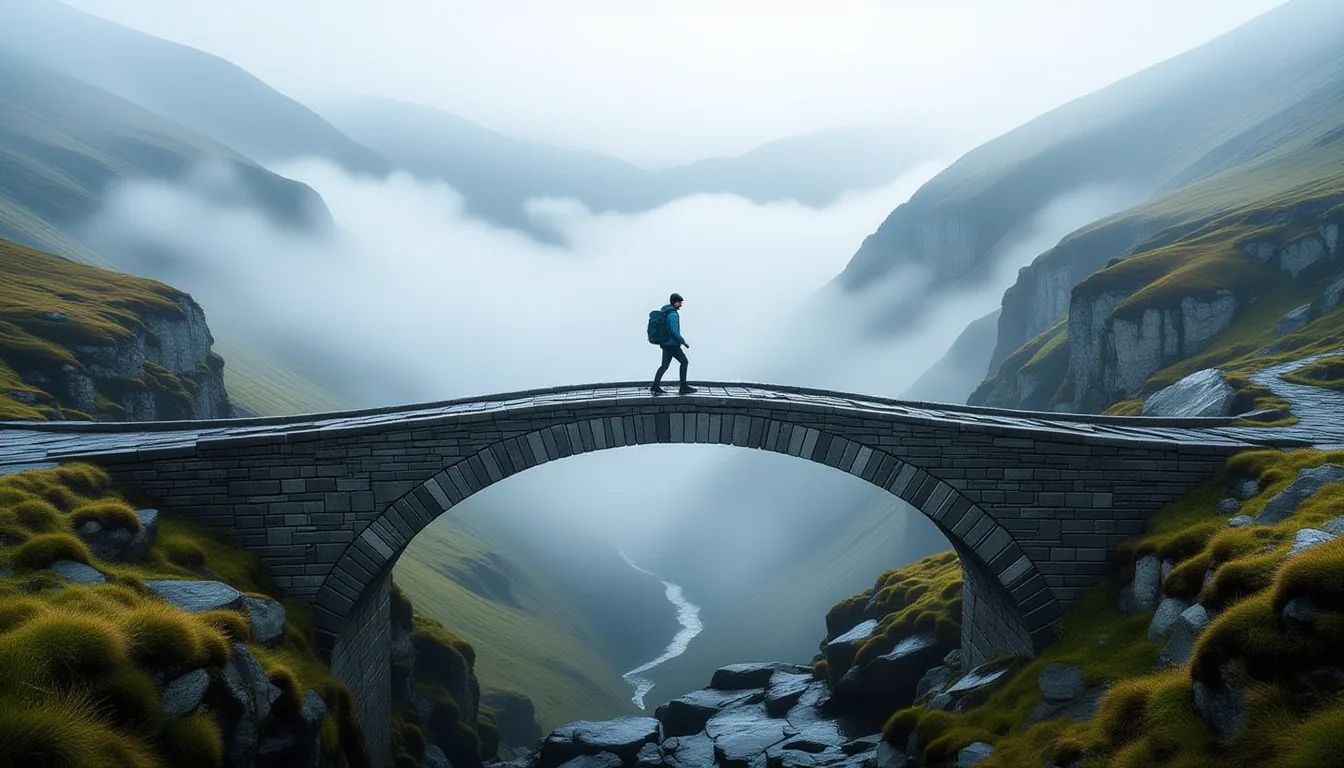 A solitary hiker pauses on a narrow stone bridge spanning a misty gorge, one foot forward, back on s