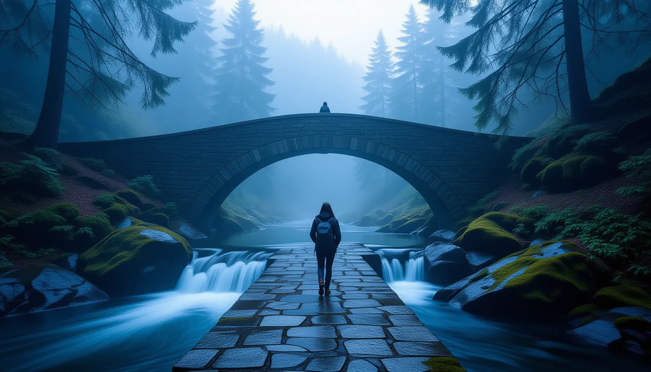 A narrow stone bridge spans a mist-choked river gorge at blue hour; a lone figure pauses mid-crossin