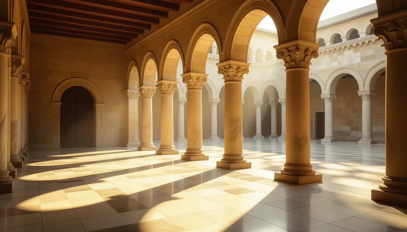 Stone arches in a sunlit atrium cast sharp geometric shadows across worn marble floors, golden hour