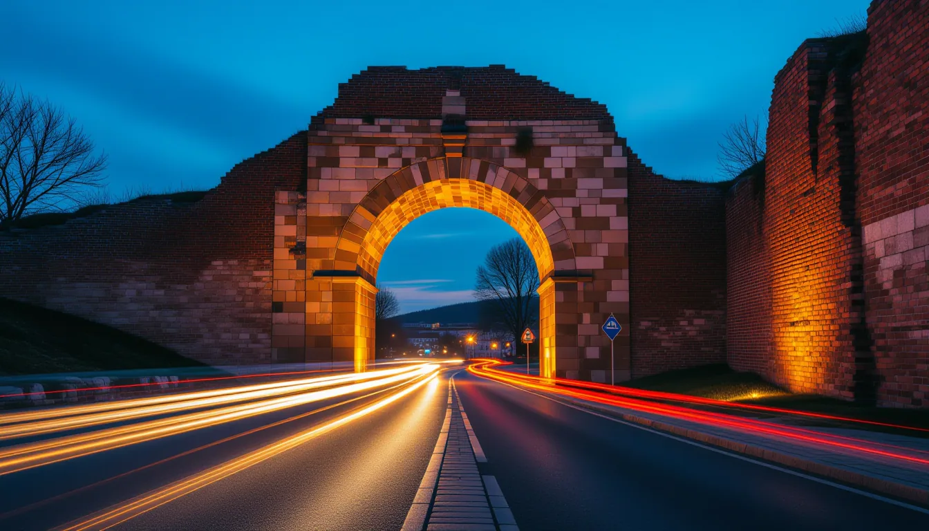 Long exposure captures the ghostly streaks of traffic crossing an ancient stone archway at blue hour