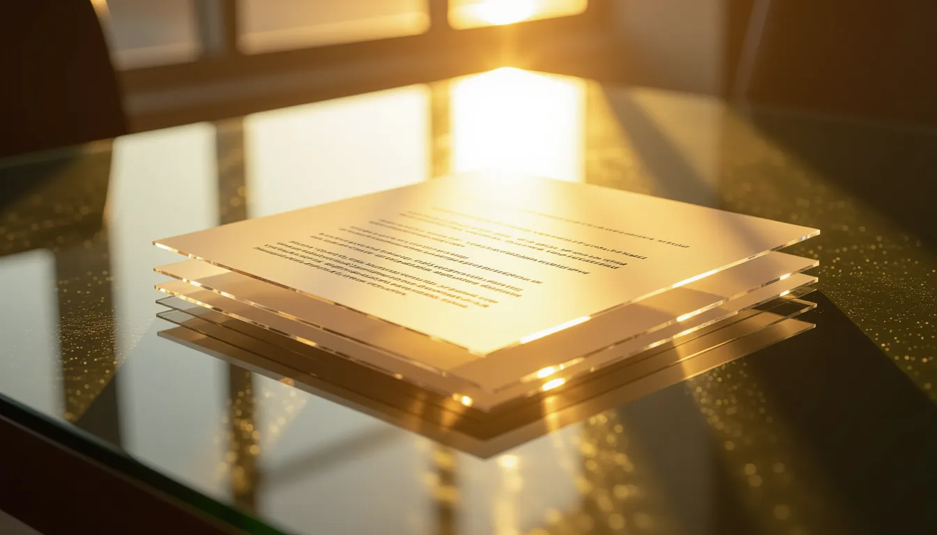 Golden-hour light spills through layered translucent acrylic planes arranged like overlapping legal