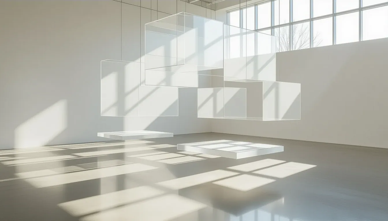 Sunlight filters through layered translucent acrylic panels suspended in a minimalist studio, castin