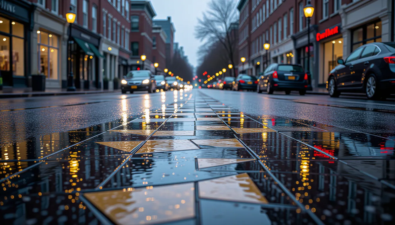 A wet city street at dusk where rain-slicked reflections fracture into tessellated polygons across t
