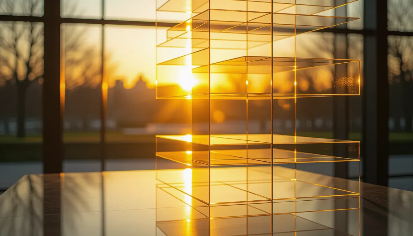 Sunlight cuts through a glass atrium at golden hour, illuminating stacked translucent acrylic slabs