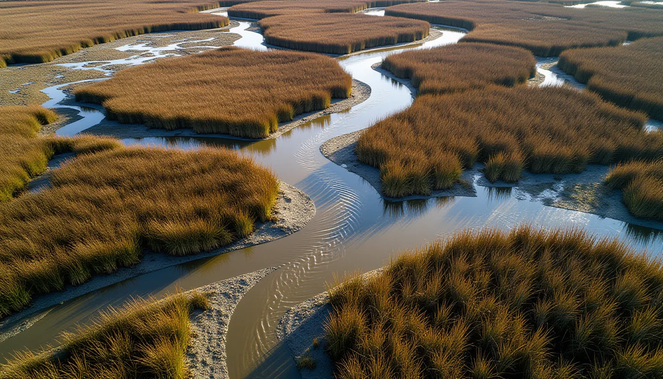 Aerial drone shot over a muddy South Carolina marsh at low tide, where meandering tidal creeks carve