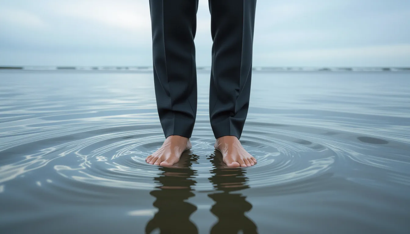 A lawyer in a charcoal suit stands ankle-deep in a tidal creek at low tide, bare feet sinking into g