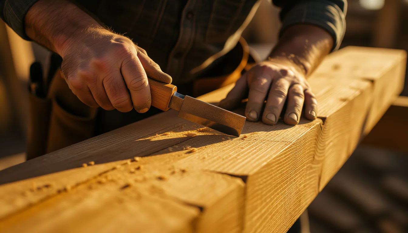 Golden hour light catching the calloused knuckles of a carpenter guiding a chisel along rough oak gr