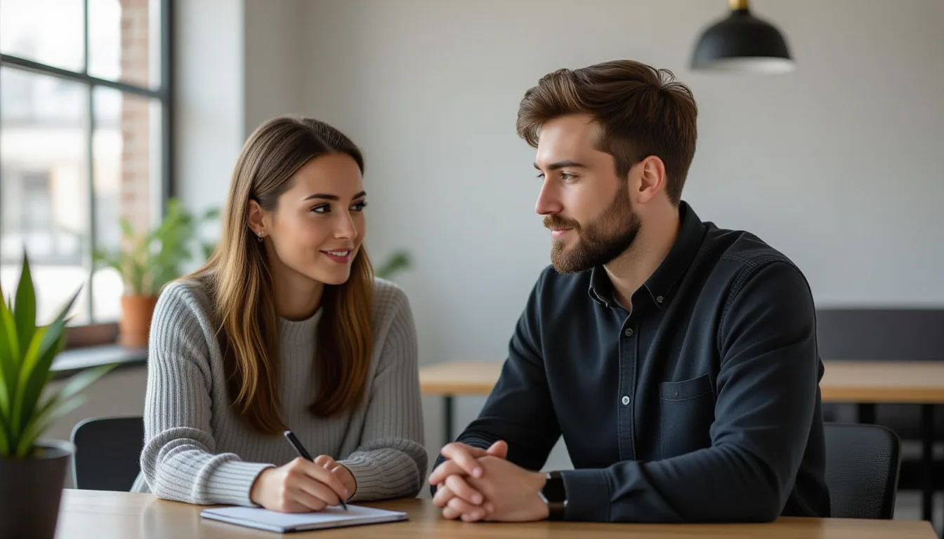two coworkers, a man and a woman, low-angle shot, calm and focused in an ordinary real setting, adul