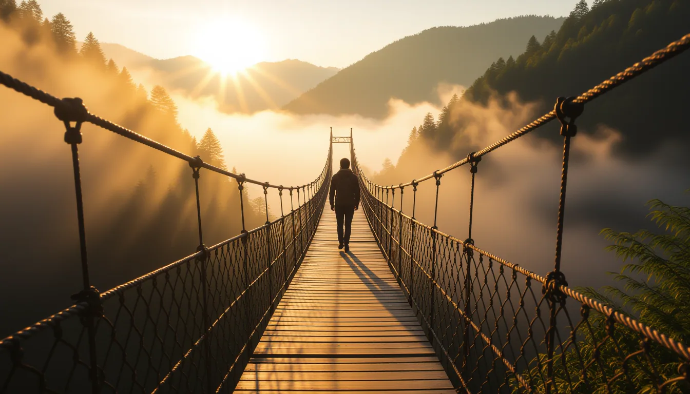 A lone figure crosses a narrow suspension bridge spanning a deep, mist-filled gorge at golden hour