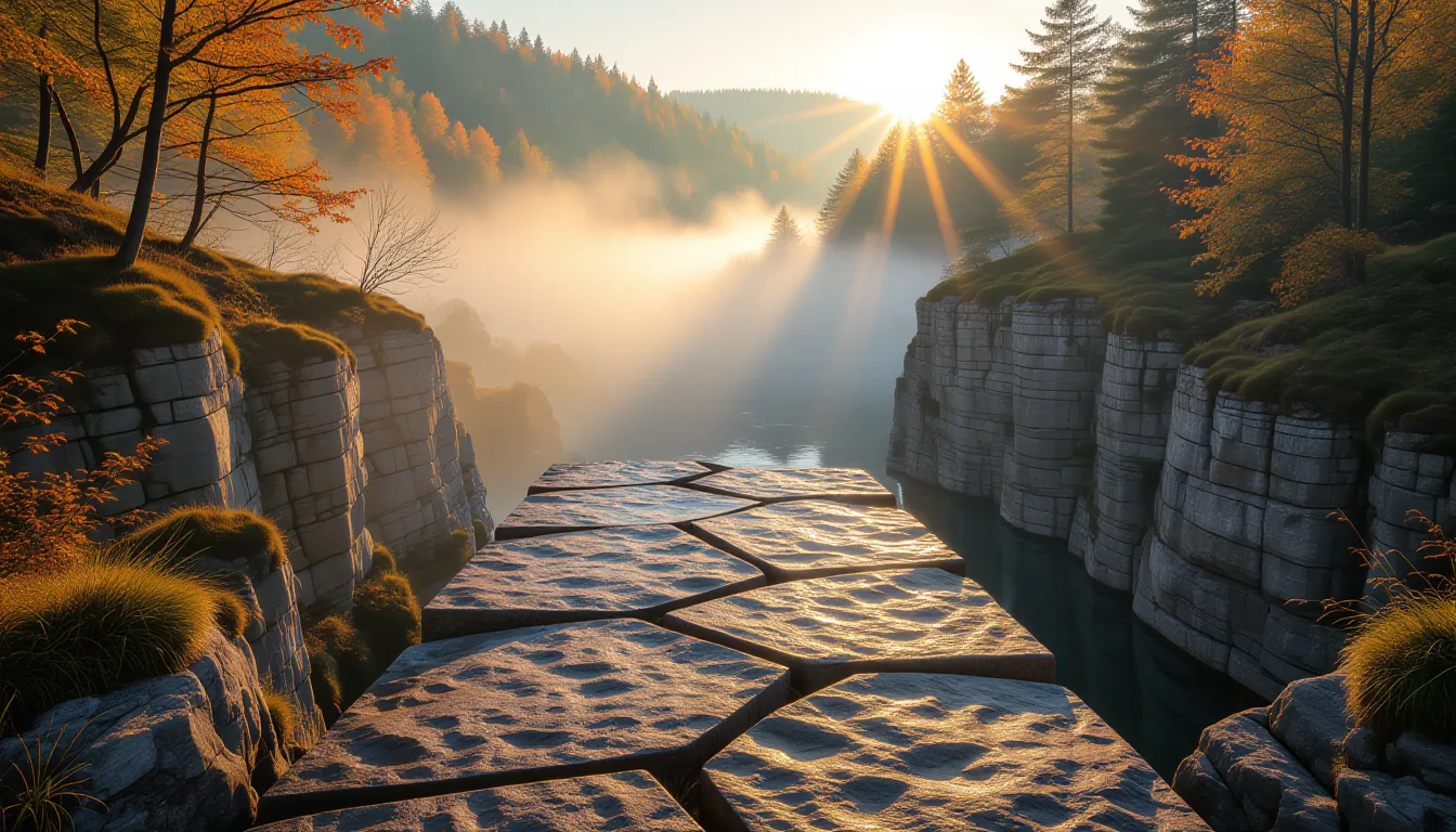 A cracked granite footbridge spans a deep limestone gorge in late autumn; mist clings to the water f
