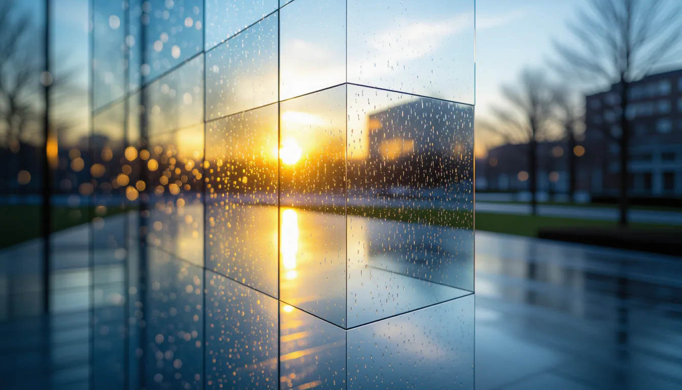 Stacked translucent geometric planes catch late afternoon sun through rain-streaked glass, each laye
