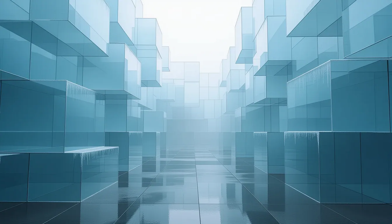 Overcast diffused light washes stacked translucent acrylic planes—tessellated hexagonal grids drifti