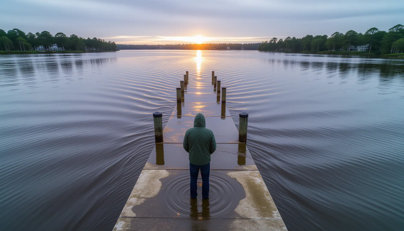 A drone shot captures the slow-moving Santee River at dusk, its brown current curling around a concr